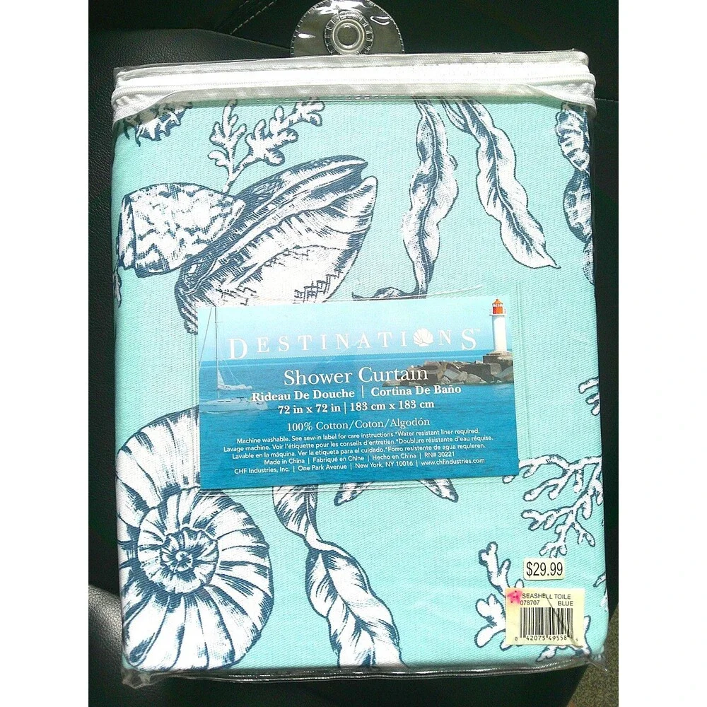 NEW  Destinations 100% Cotton Shower Curtain called Seashell Toile 72 X 72